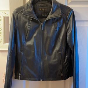 BH Sophisticates black leather coat.